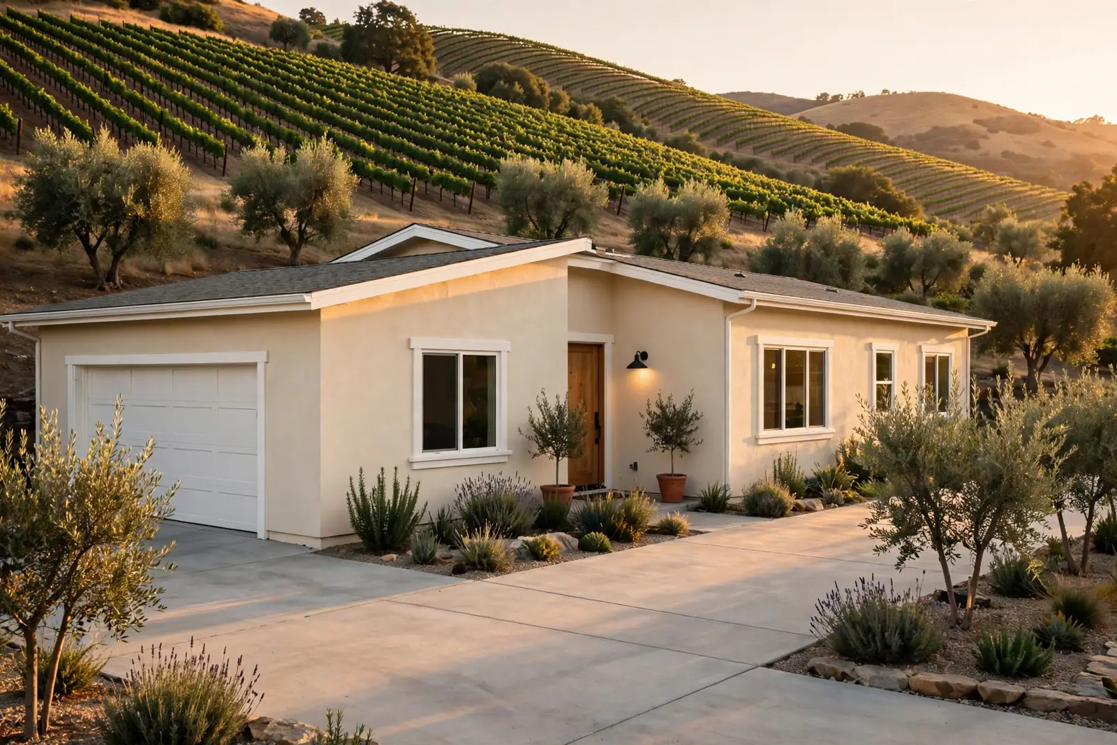 A freshly painted California stucco home at golden hour, with vineyard hills behind it