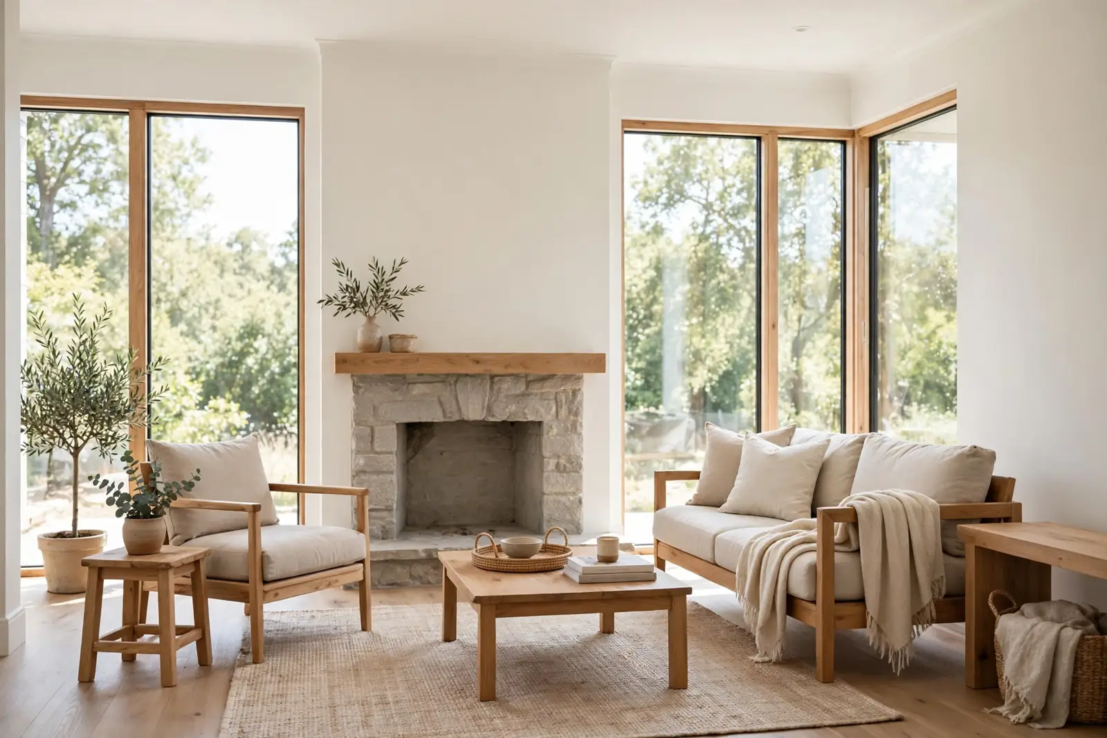 A bright, freshly painted living room with white walls and wooden furniture
